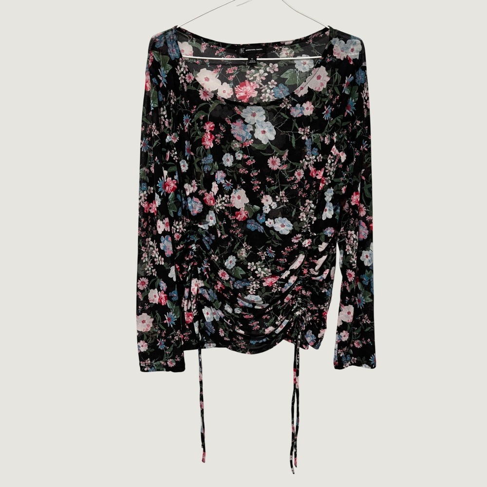 INC International Concepts Floral Mesh Ruched Long Sleeve Top Black XL Goth
